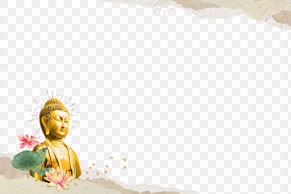 Buddha statue border png, ripped paper, transparent background