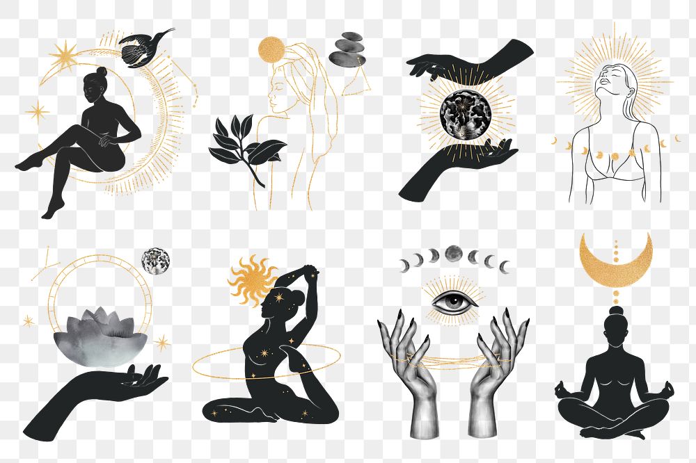 Women spiritual png, aesthetic illustration set