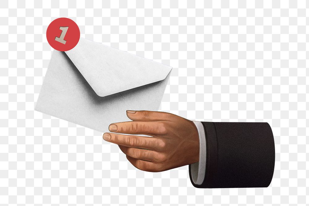 PNG Businessman's hand holding envelope, newsletter marketing illustration transparent background