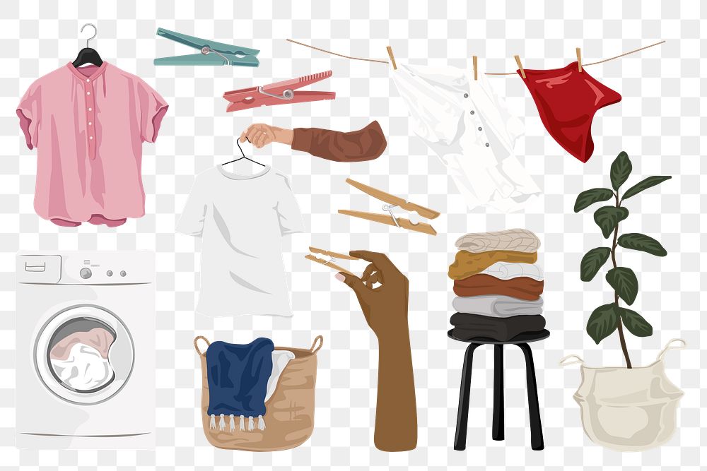 Laundry elements png, set aesthetic illustration, transparent background