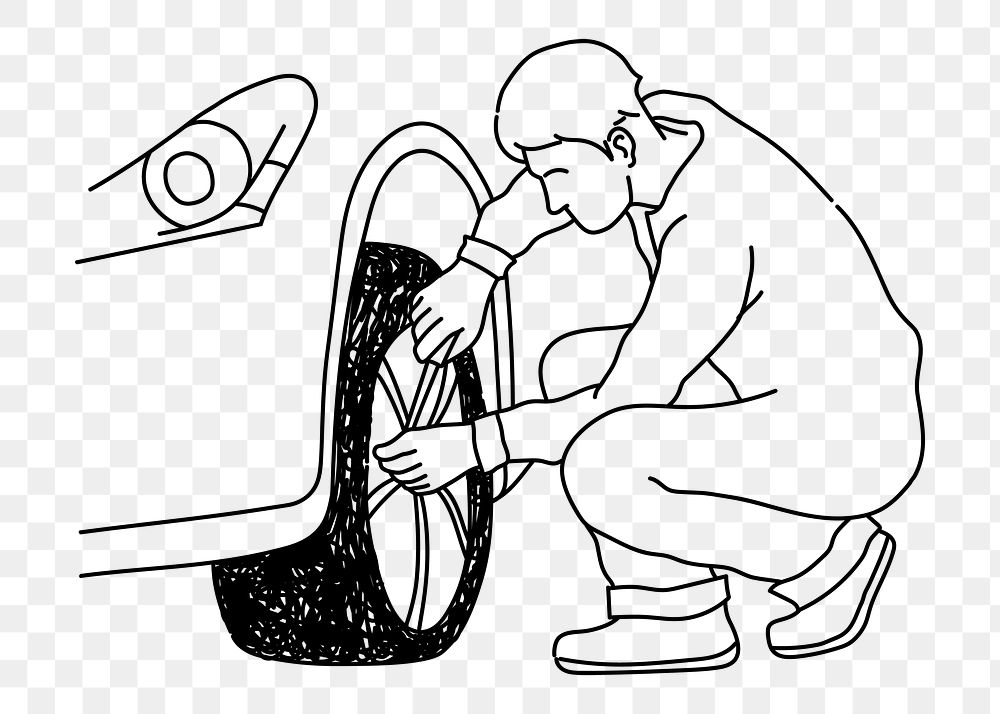 Man checking flat tire png doodle element, transparent background