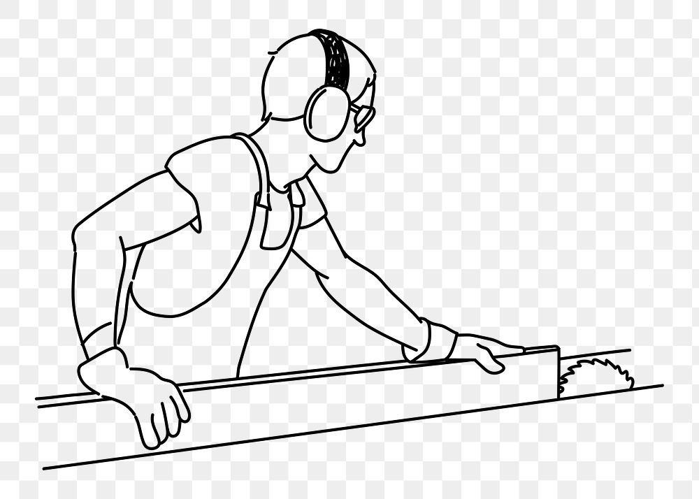 Carpenter cutting wooden plank with electric saw png doodle element, transparent background