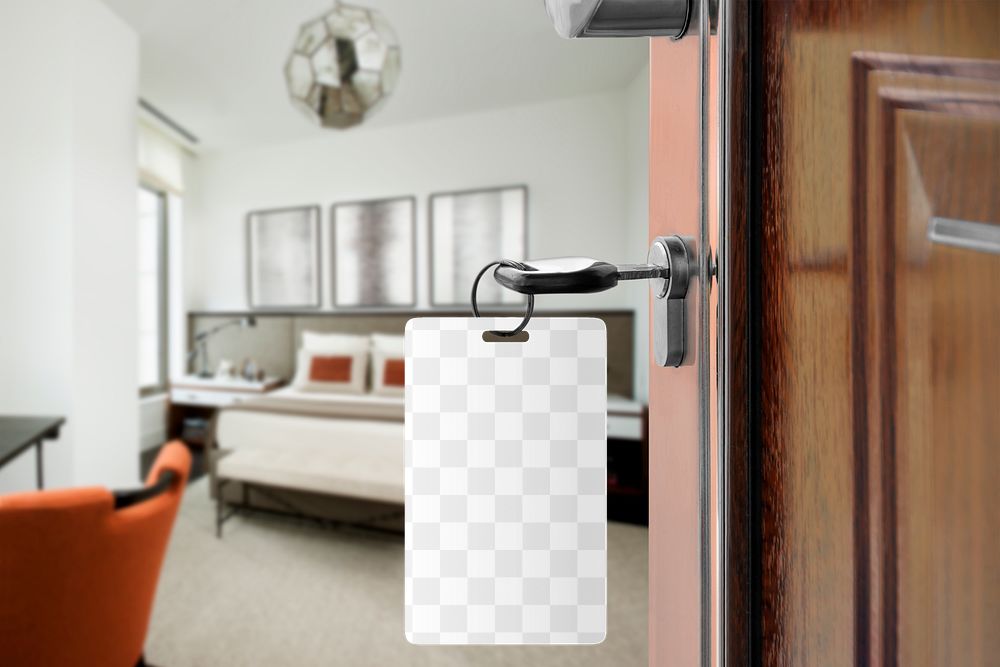 Png hotel room key mockup tag, transparent design