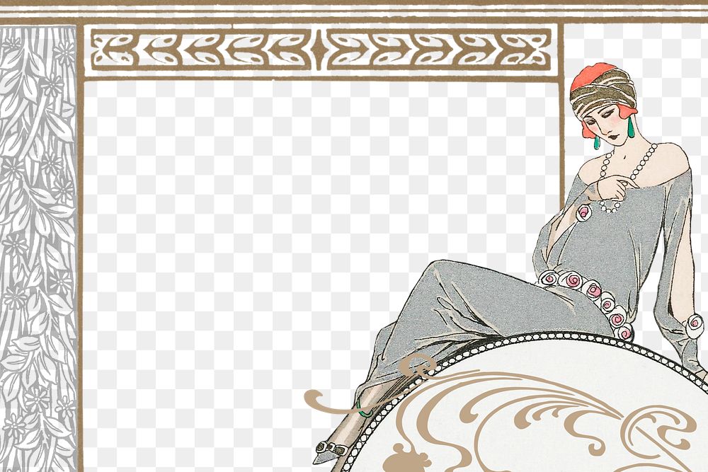 PNG George Barbier's woman frame, vintage fashion illustration, transparent background. Remixed by rawpixel.