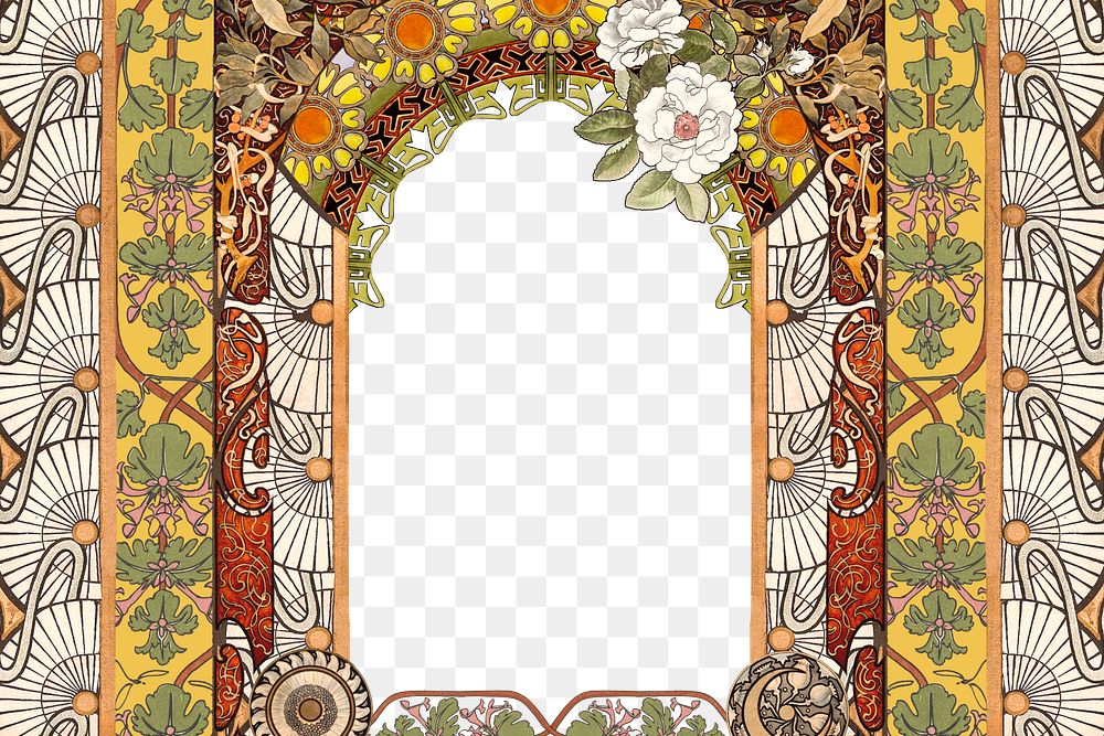 PNG Floral art nouveau frame background, vintage botanical illustration, transparent background. Remixed by rawpixel.