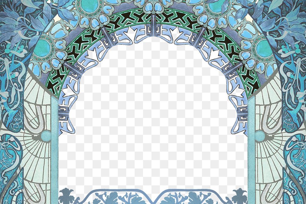 PNG Floral art nouveau frame background, blue vintage botanical illustration, transparent background. Remixed by rawpixel.