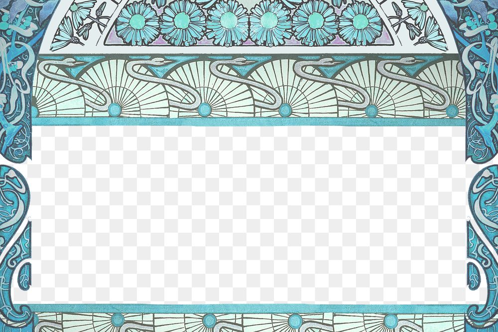 PNG Blue ornate flower frame, art nouveau illustration, transparent background. Remixed by rawpixel.