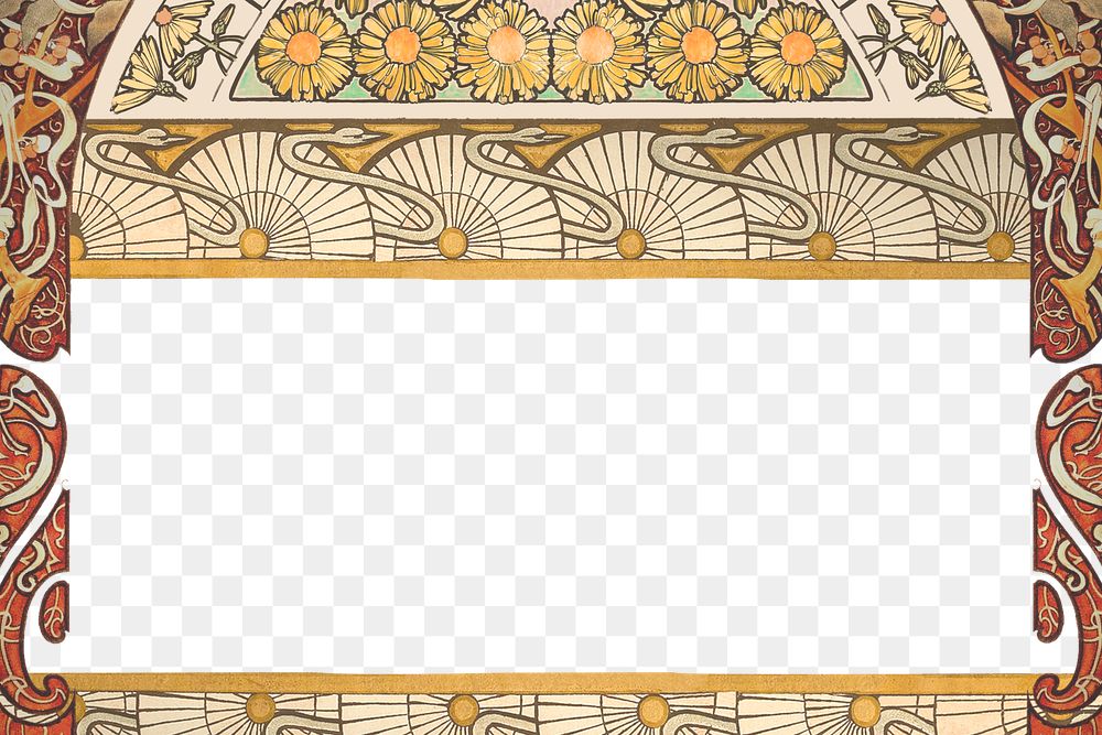 PNG Yellow ornate flower frame, art nouveau illustration, transparent background. Remixed by rawpixel.