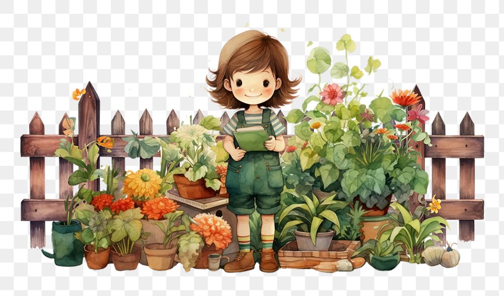 PNG Little girl in garden, watercolor illustration, transparent background