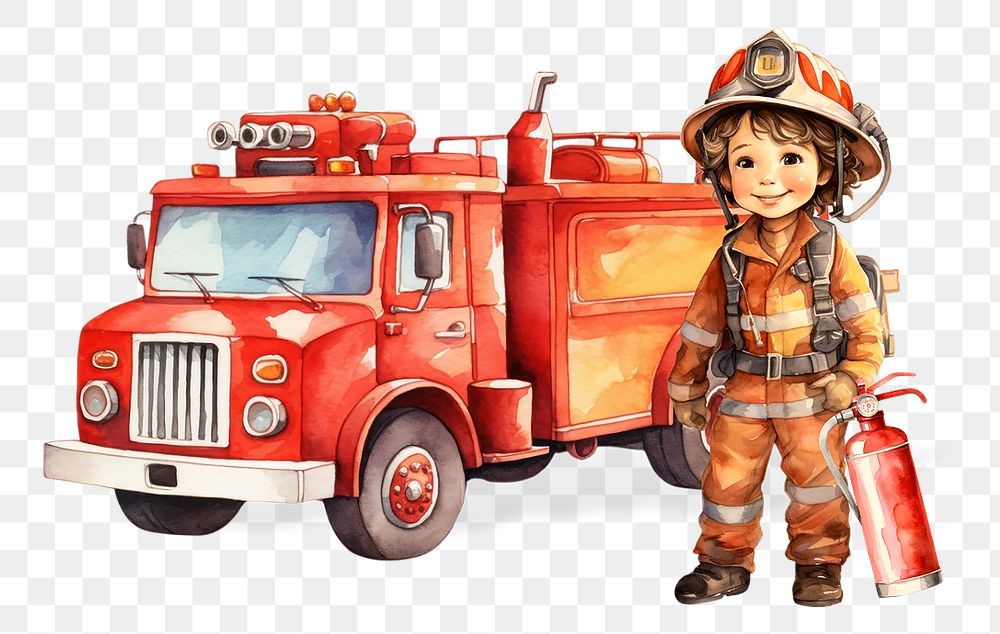 PNG Little firefighter, watercolor illustration, transparent background