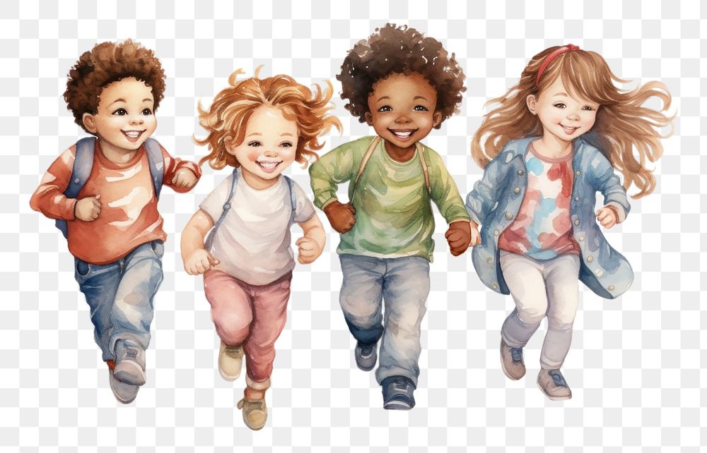 PNG Diverse little students, watercolor illustration, transparent background