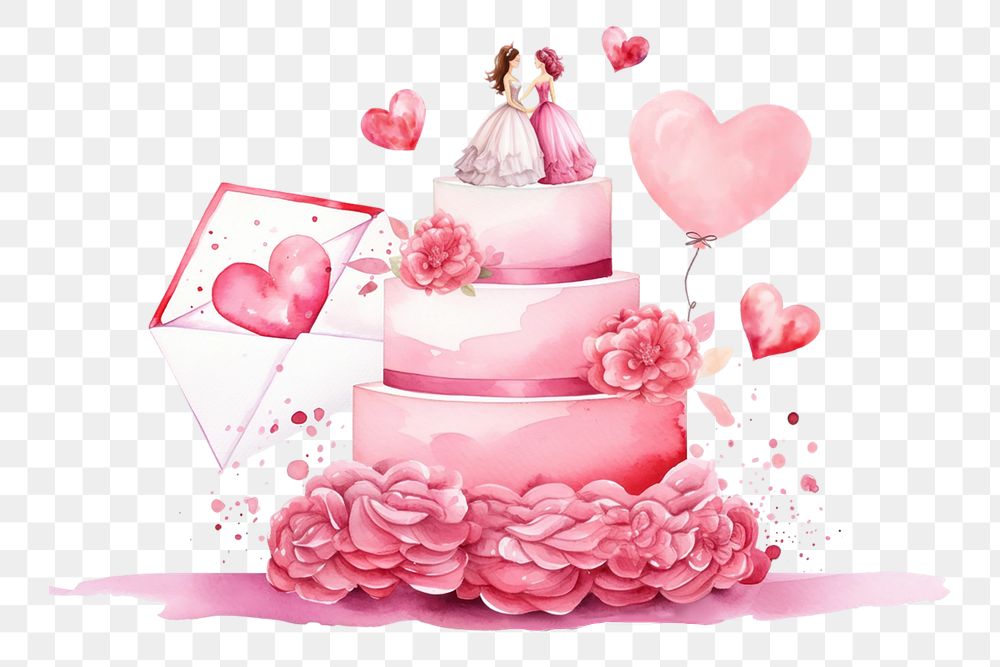 PNG Pink wedding cake, watercolor illustration, transparent background