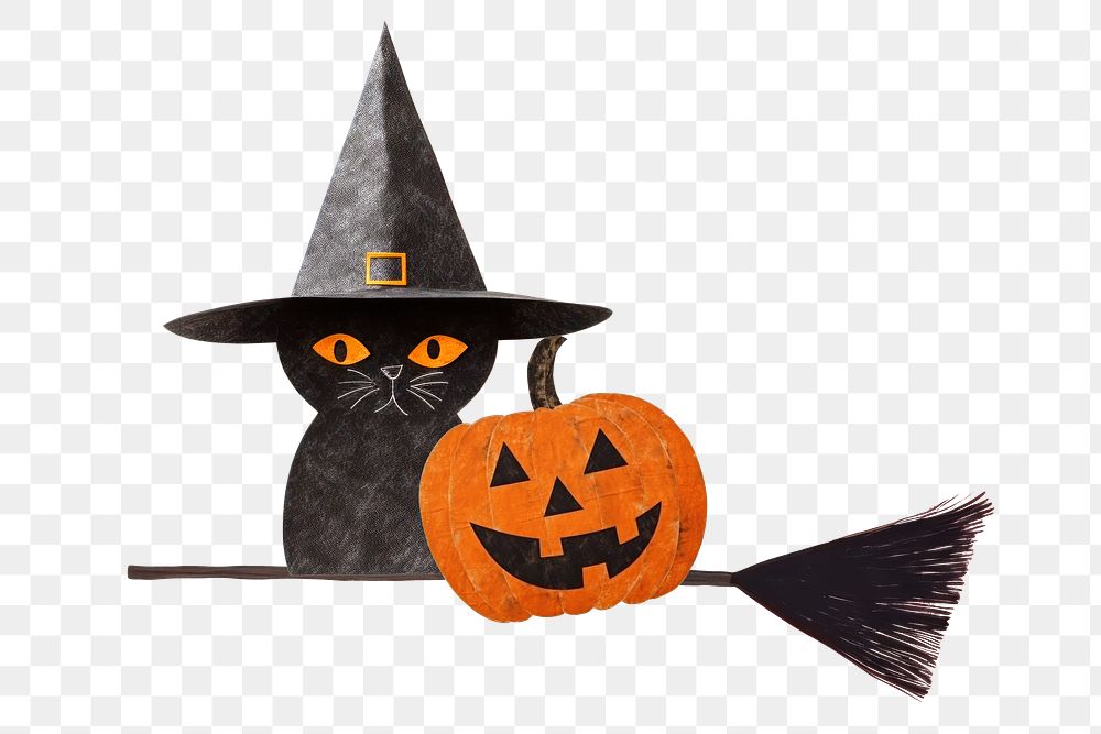 PNG Witch cat on a broom, Halloween paper craft remix, transparent background
