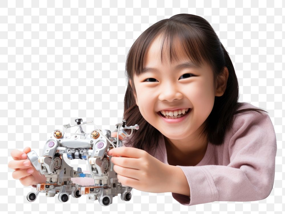 PNG Asian cute girl smiling joyfully building a robot child toy happiness. AI generated Image by rawpixel.