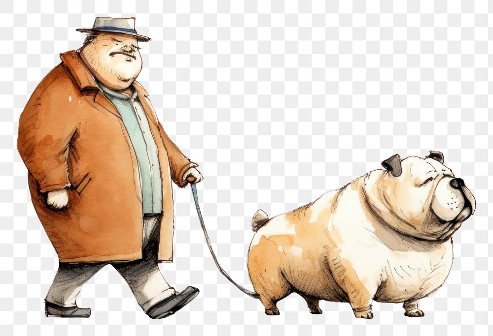 PNG Old chubby man leads a chubby dog bulldog cartoon mammal. AI generated Image by rawpixel.