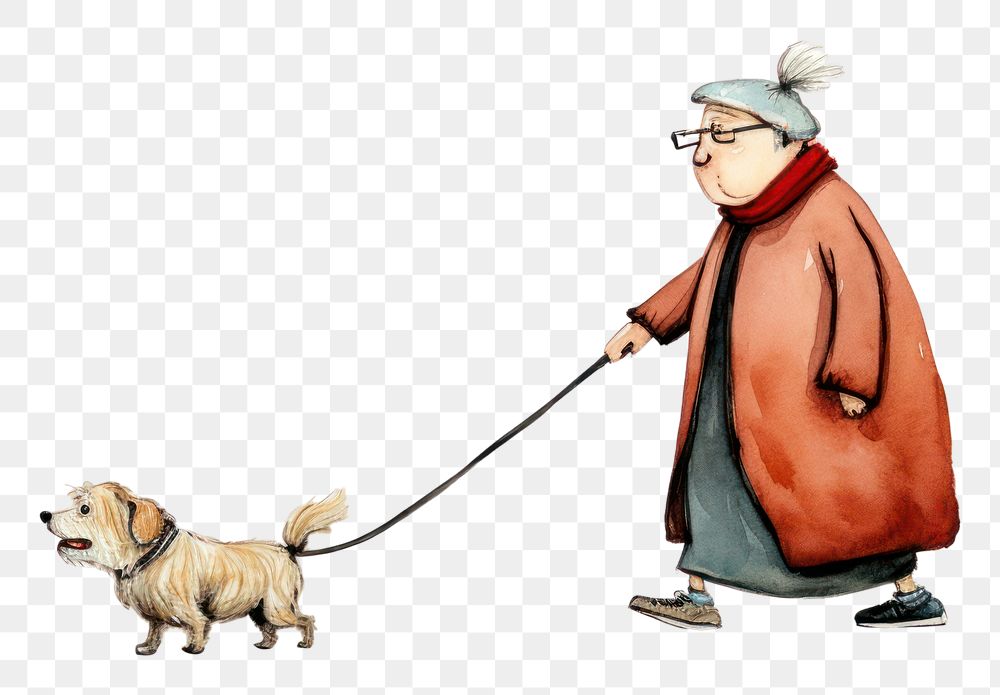 PNG Old woman leads a chubby dog cartoon mammal animal. AI generated Image by rawpixel.