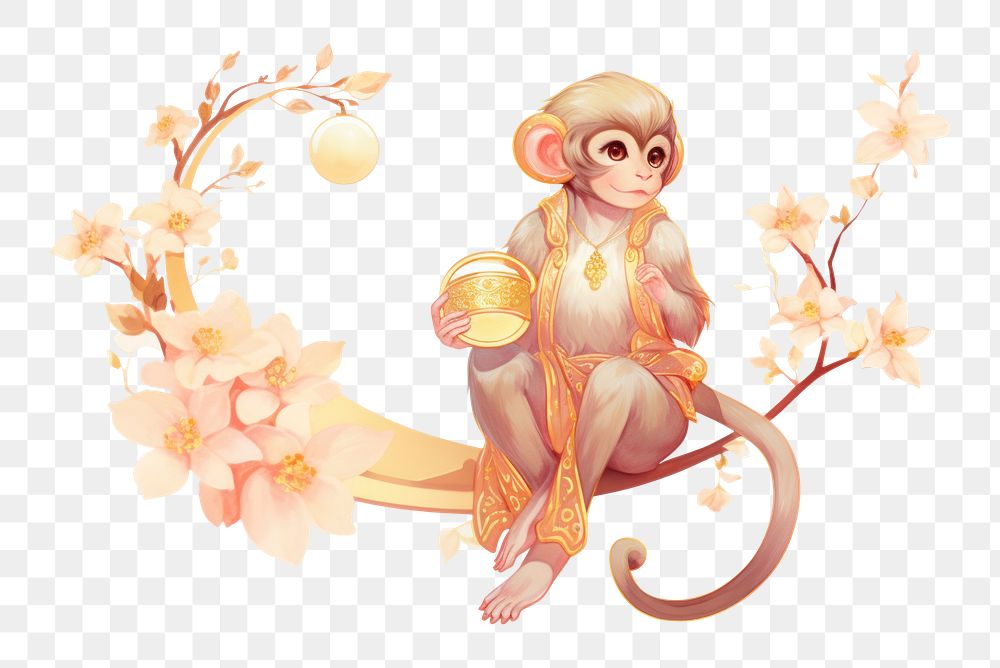 PNG Zodiac monkey holding peach plant art representation. AI generated Image by rawpixel.