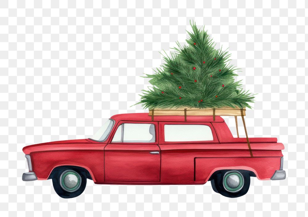 PNG Red car carrying christmas tree vehicle plant white background. AI generated Image by rawpixel.