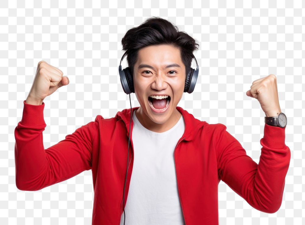 PNG  Asian men winning headphones shouting laughing. AI generated Image by rawpixel.
