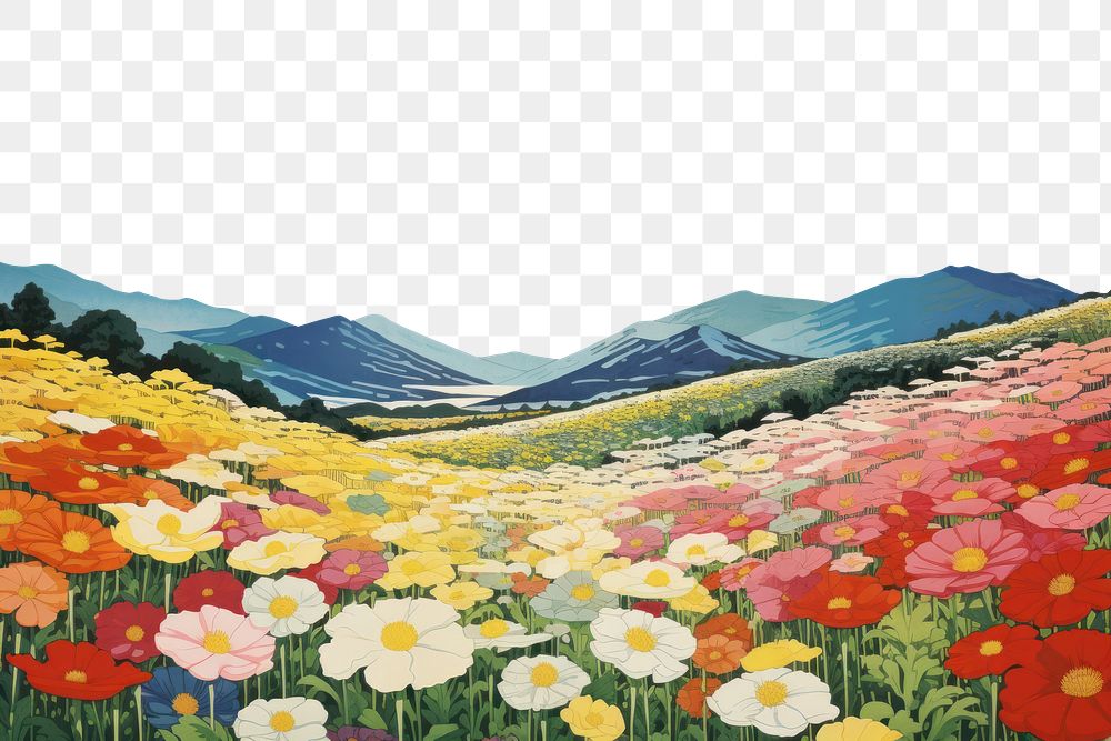 PNG Flower fields landscape outdoors painting. AI generated Image by rawpixel.