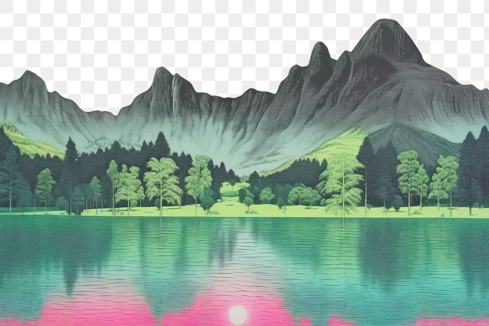 PNG Lake landscape outdoors painting. AI generated Image by rawpixel.