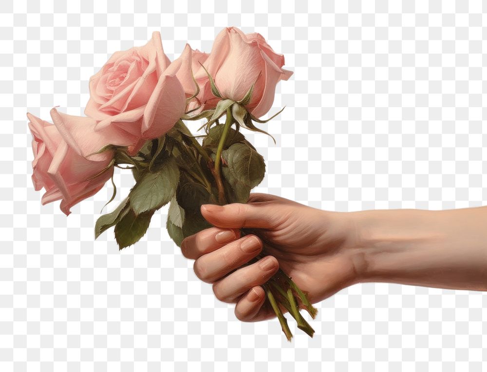 PNG  Hand holding rose bouquet painting flower finger. 