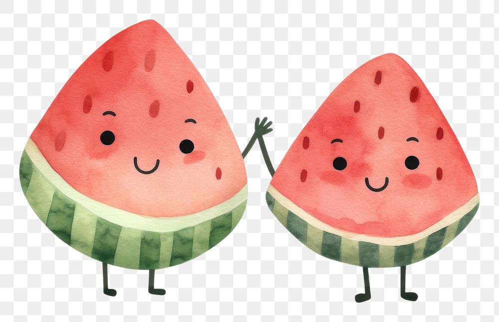 PNG  2 watermelon character holding hand smiling fruit food. AI generated Image by rawpixel.