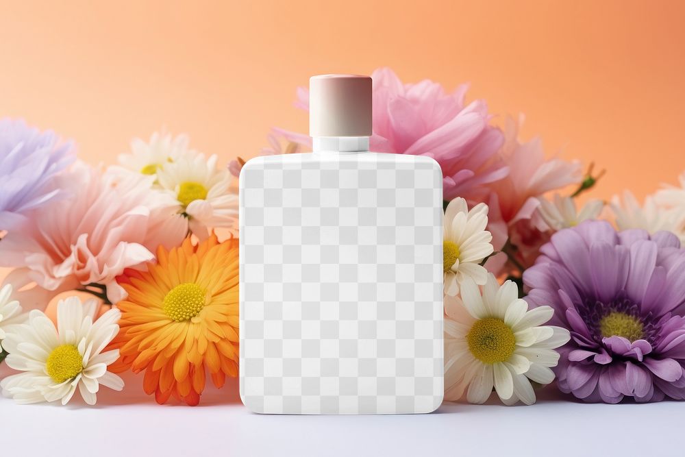 Floral cleansing bottle png mockup, skincare packaging, transparent design