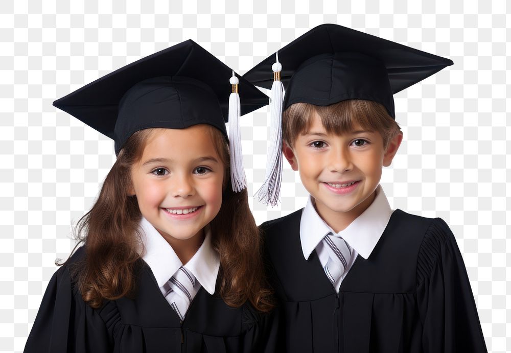 PNG Cute schoolchildren wearing graduation hats student white background intelligence. AI generated Image by rawpixel.