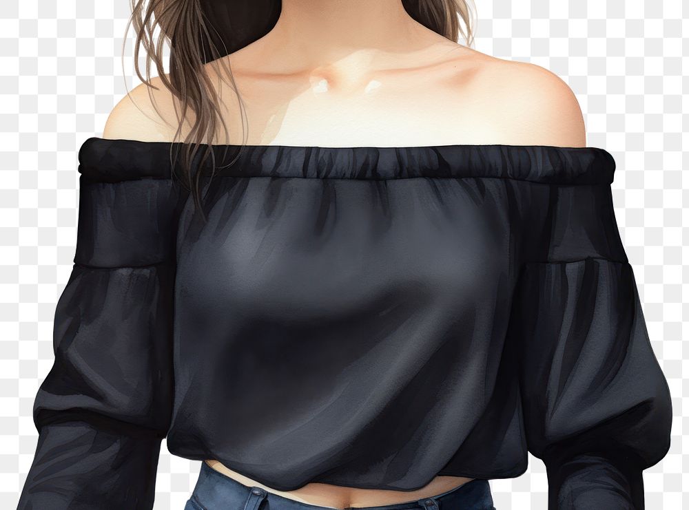PNG  Off shoulder shirt sleeve blouse black. AI generated Image by rawpixel.