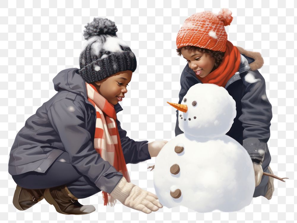PNG Black children building snowman winter white background togetherness. AI generated Image by rawpixel.