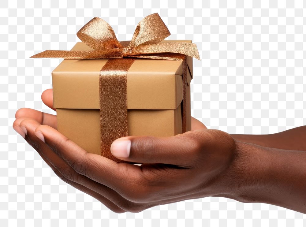 PNG Brown hand holding out gift box white background celebration. AI generated Image by rawpixel.