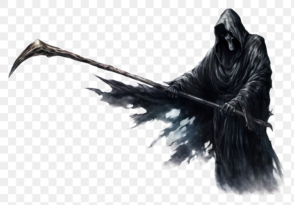 PNG Grim reaper scythe watercolor adult white background aggression. AI generated Image by rawpixel.