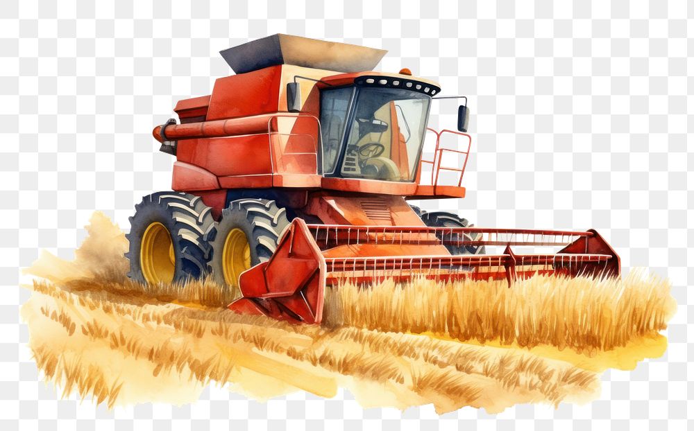 PNG harvest tractor, watercolor farming element, transparent background
