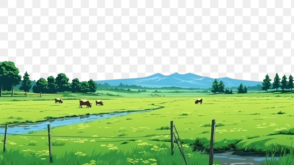 PNG  Green field landscape cow grassland. AI generated Image by rawpixel.