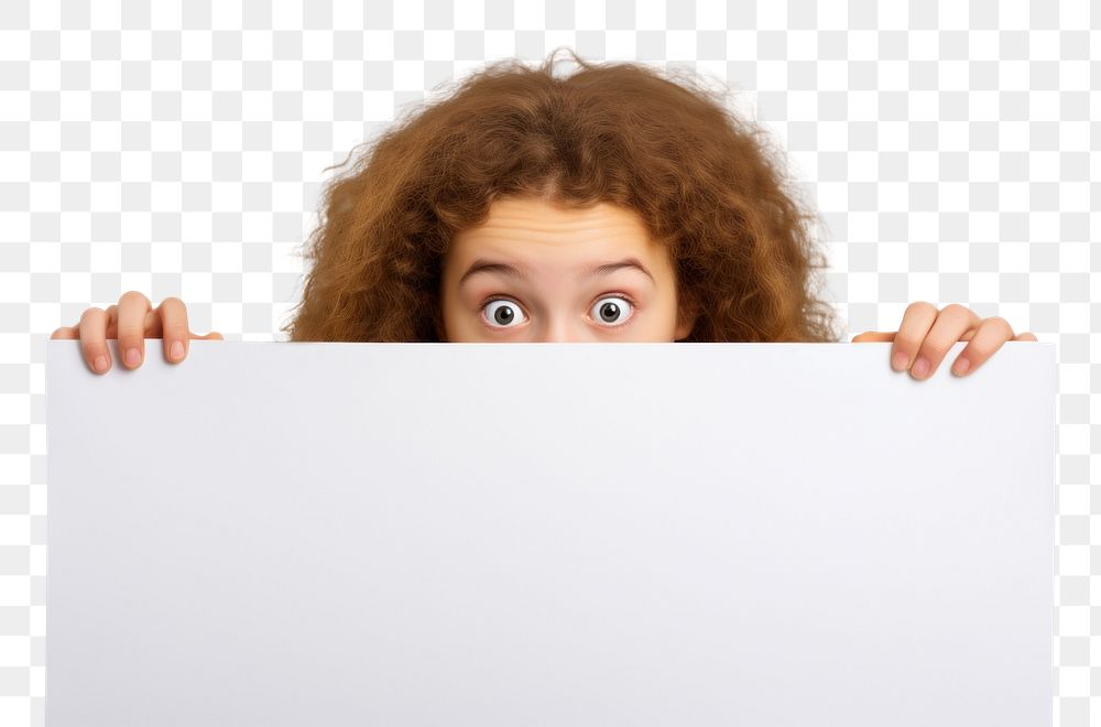 PNG  Women hiding behind a blank white board surprised portrait photo. AI generated Image by rawpixel.