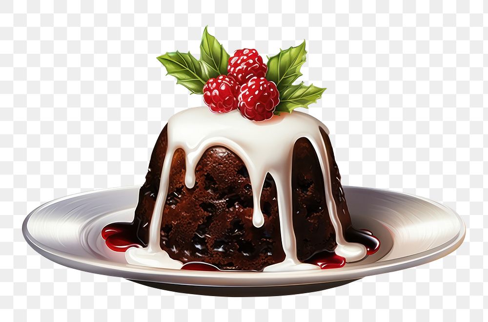 PNG  Christmas pudding chocolate raspberry dessert. AI generated Image by rawpixel.