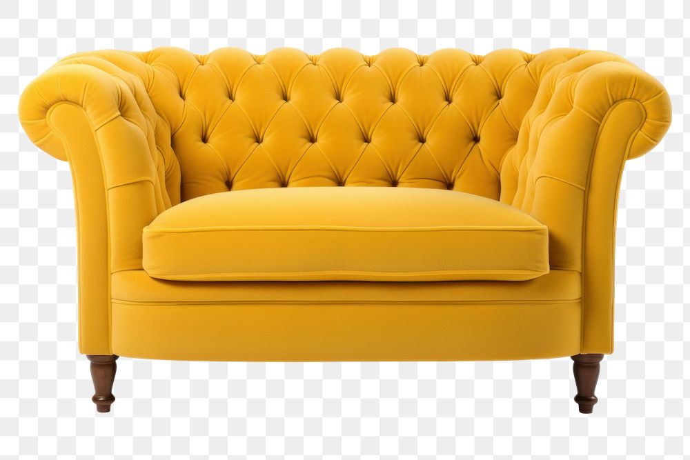 PNG  Yellow loveseat sofa furniture armchair white background. AI generated Image by rawpixel.