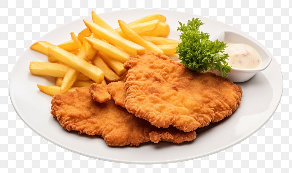 PNG Plate food schnitzel white background. AI generated Image by rawpixel.