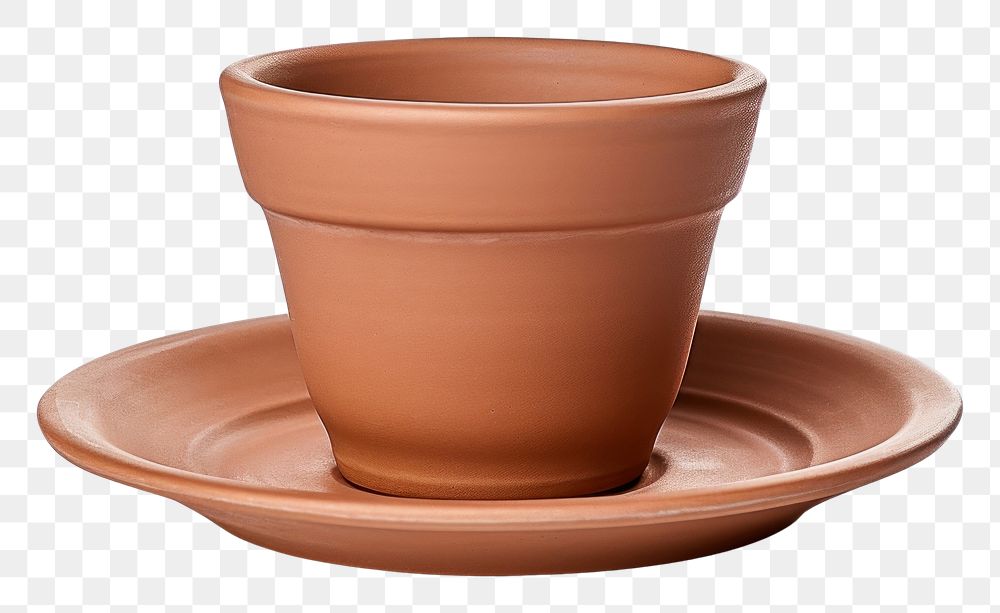 PNG  Single brown clay flower pot with saucer pottery cup mug. AI generated Image by rawpixel.