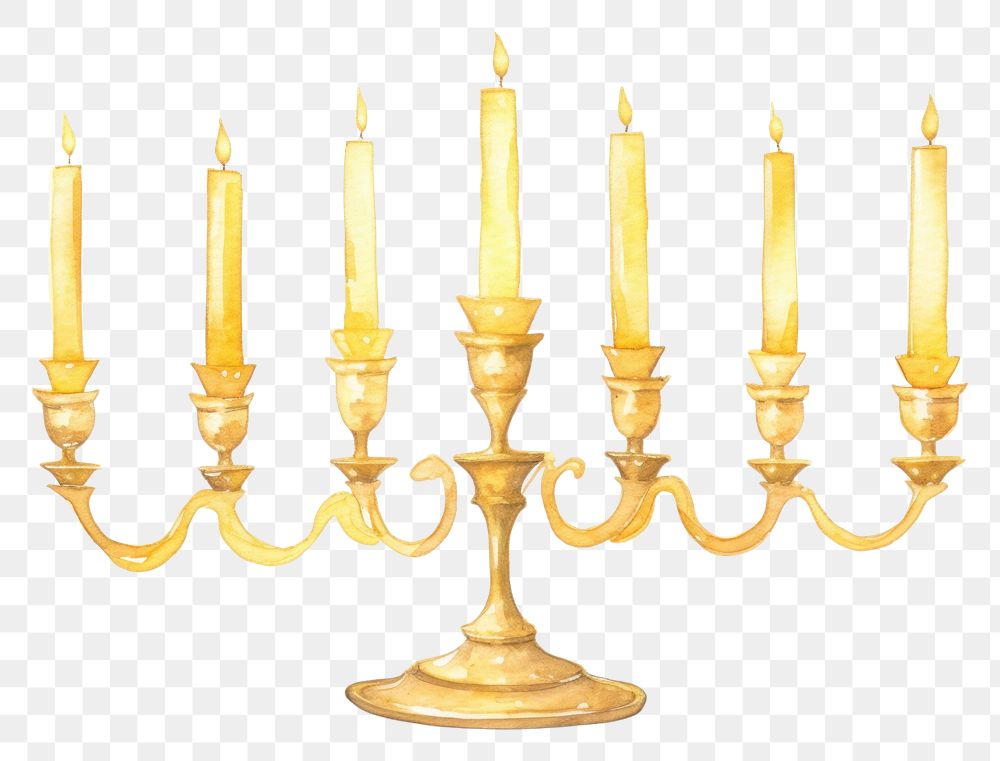 PNG Mini golden Hanukkah modern nine-branched candelabrum lit hanukkah candle candlestick. AI generated Image by rawpixel.