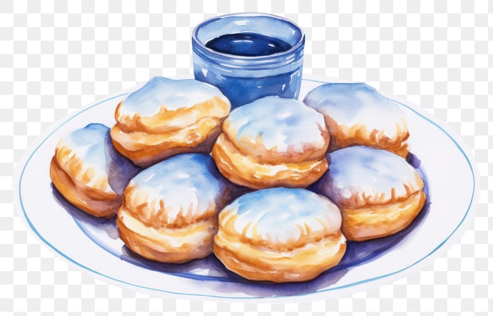 PNG Hanukkah blue jelly donuts sufganiyot plate dessert pastry. AI generated Image by rawpixel.