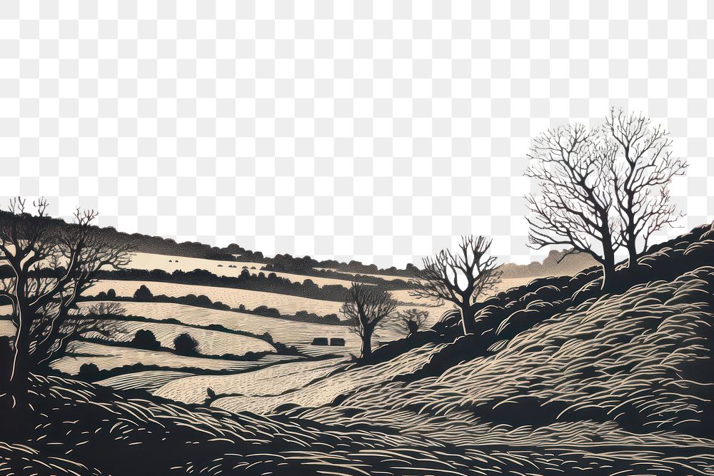 PNG Linocut prints landscape outdoors drawing. AI generated Image by rawpixel.