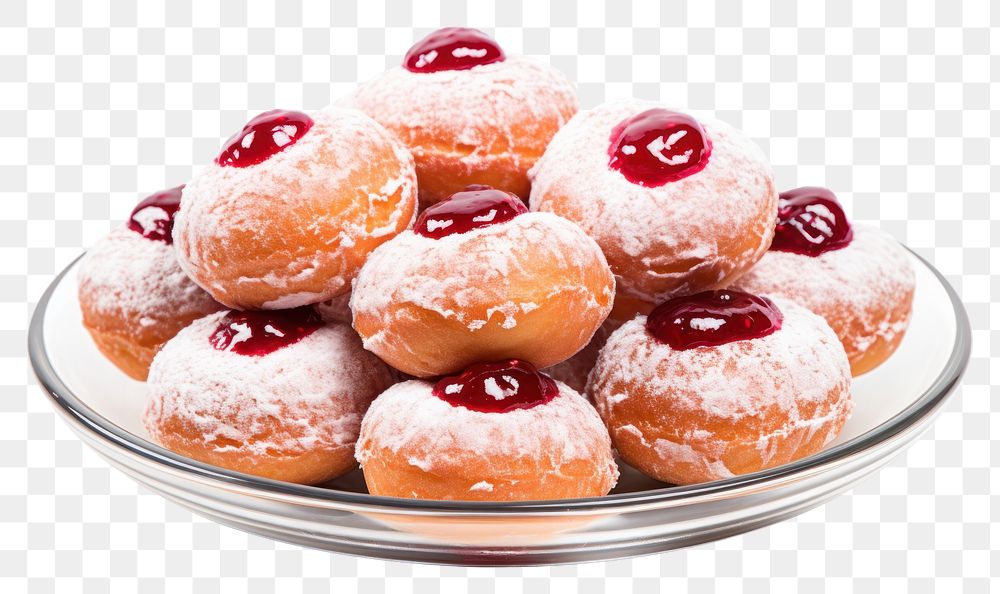 PNG Hanukkah jelly donuts sufganiyot dessert pastry plate. AI generated Image by rawpixel.