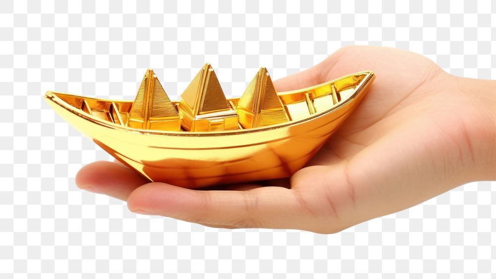 PNG Hand giving chinese mini boat gold ingot white background transportation watercraft. AI generated Image by rawpixel.