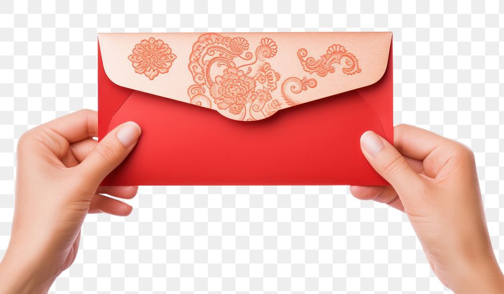 PNG Hand giving red envelope paper mail white background. AI generated Image by rawpixel.