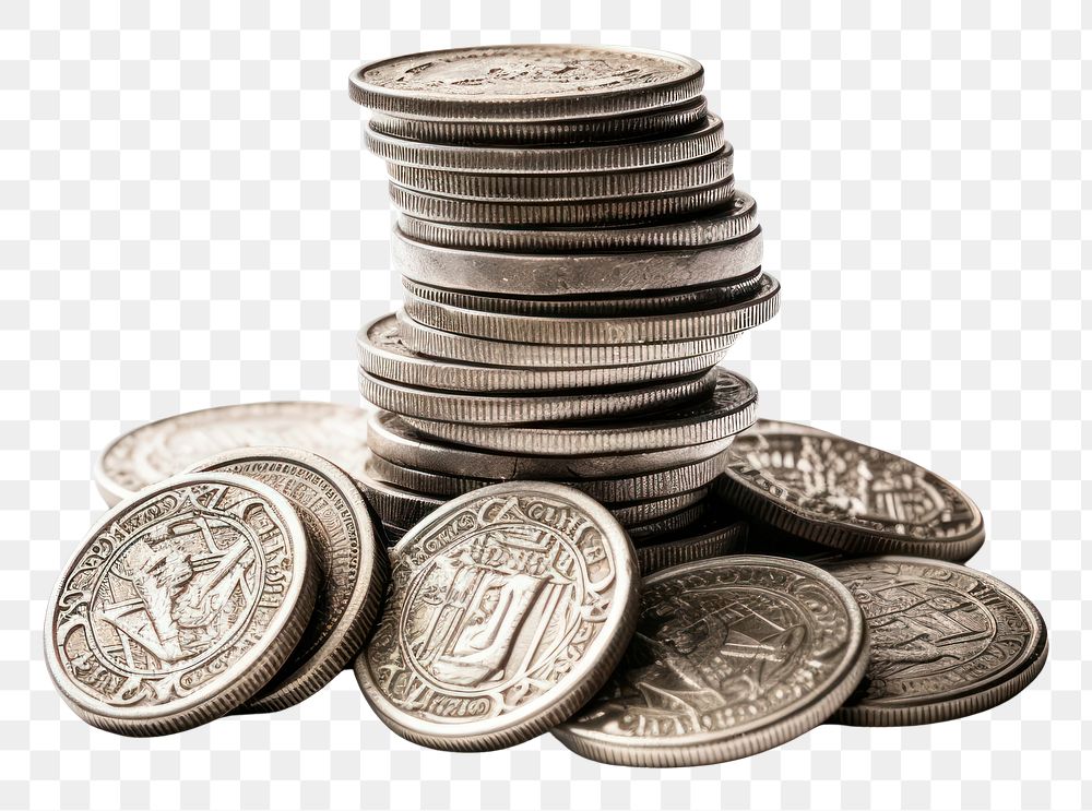 PNG Pile coin silver money white background. AI generated Image by rawpixel.