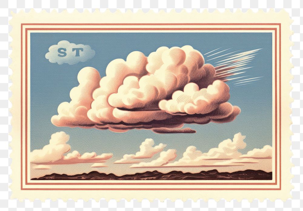 PNG Cloudy sky vintage illustration postage stamp outdoors missile. AI generated Image by rawpixel.