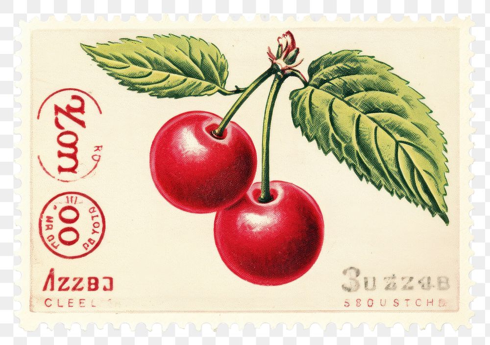 PNG Cute vintage cherry plant food postage stamp AI generated Image by rawpixel
