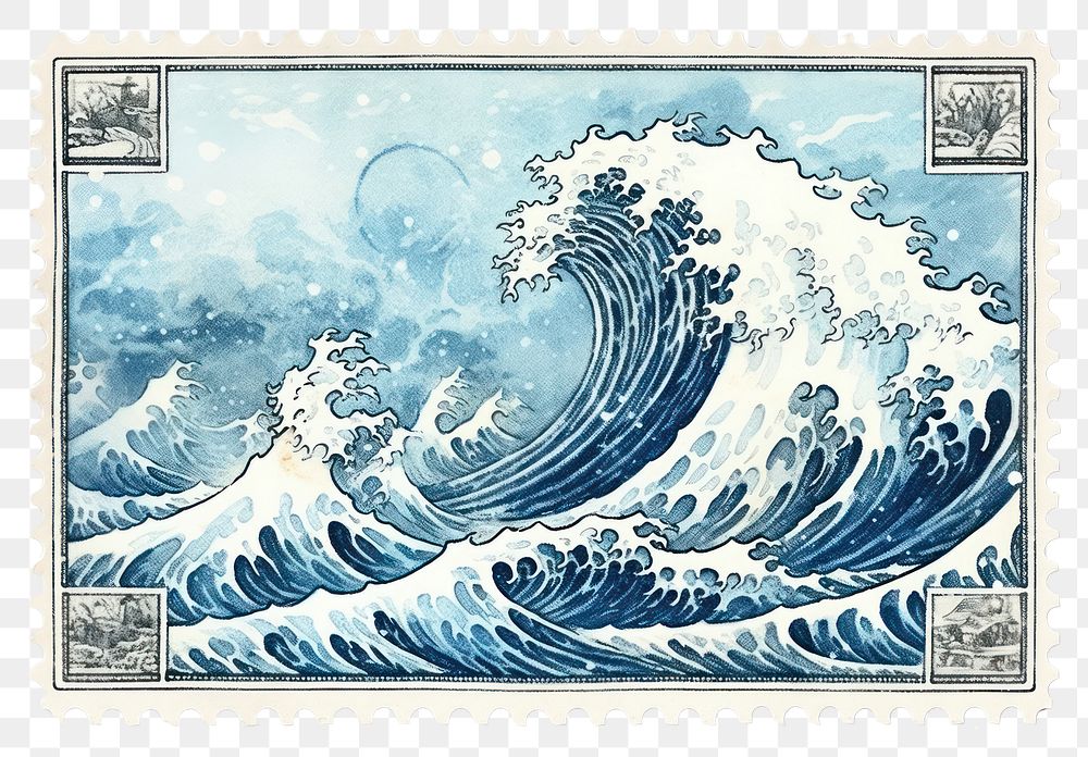 PNG Ocean waves graphic illustration postage stamp creativity outdoors AI generated Image by rawpixel